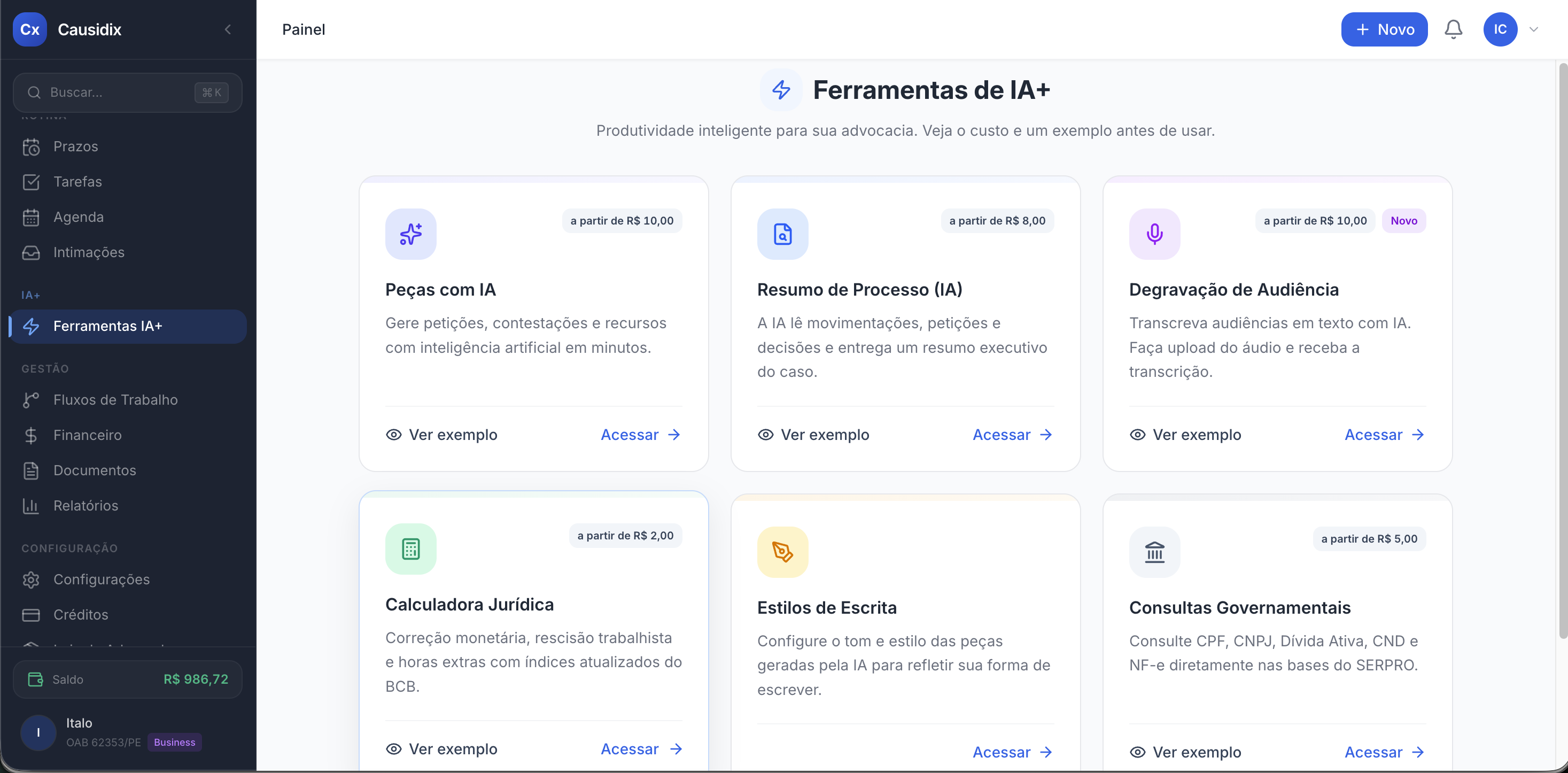 Painel do Causidix — sistema jurídico com IA