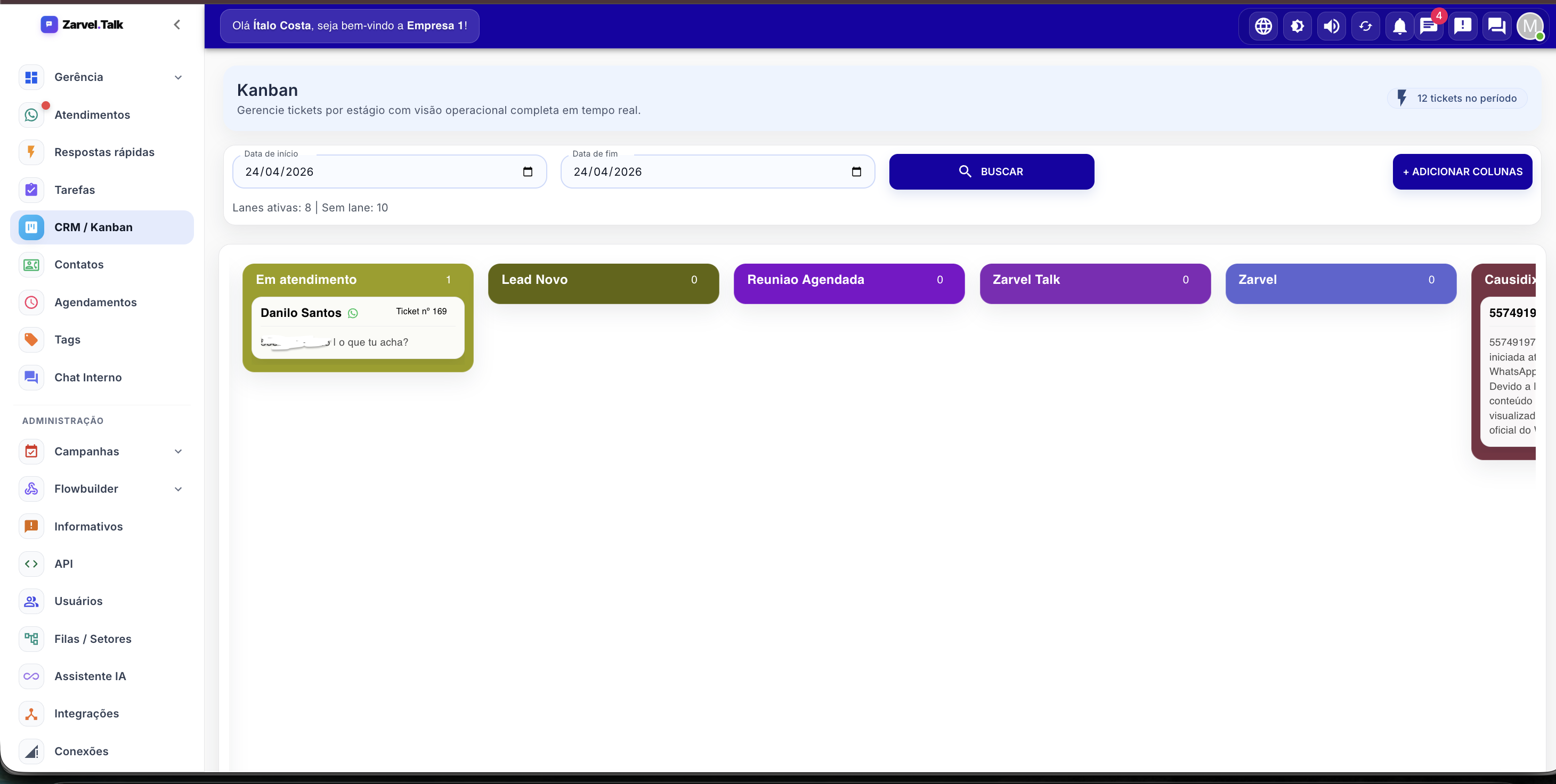 Painel do Zarvel Talk — CRM e chatbot WhatsApp